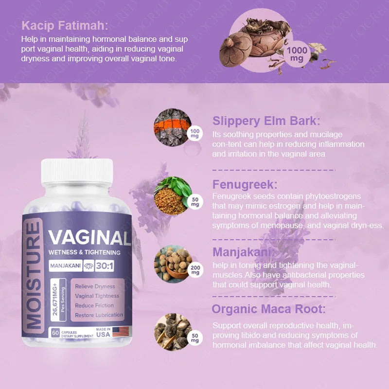 Bottle containing 60 vaginal capsules for adult women's feminine wellness supplement