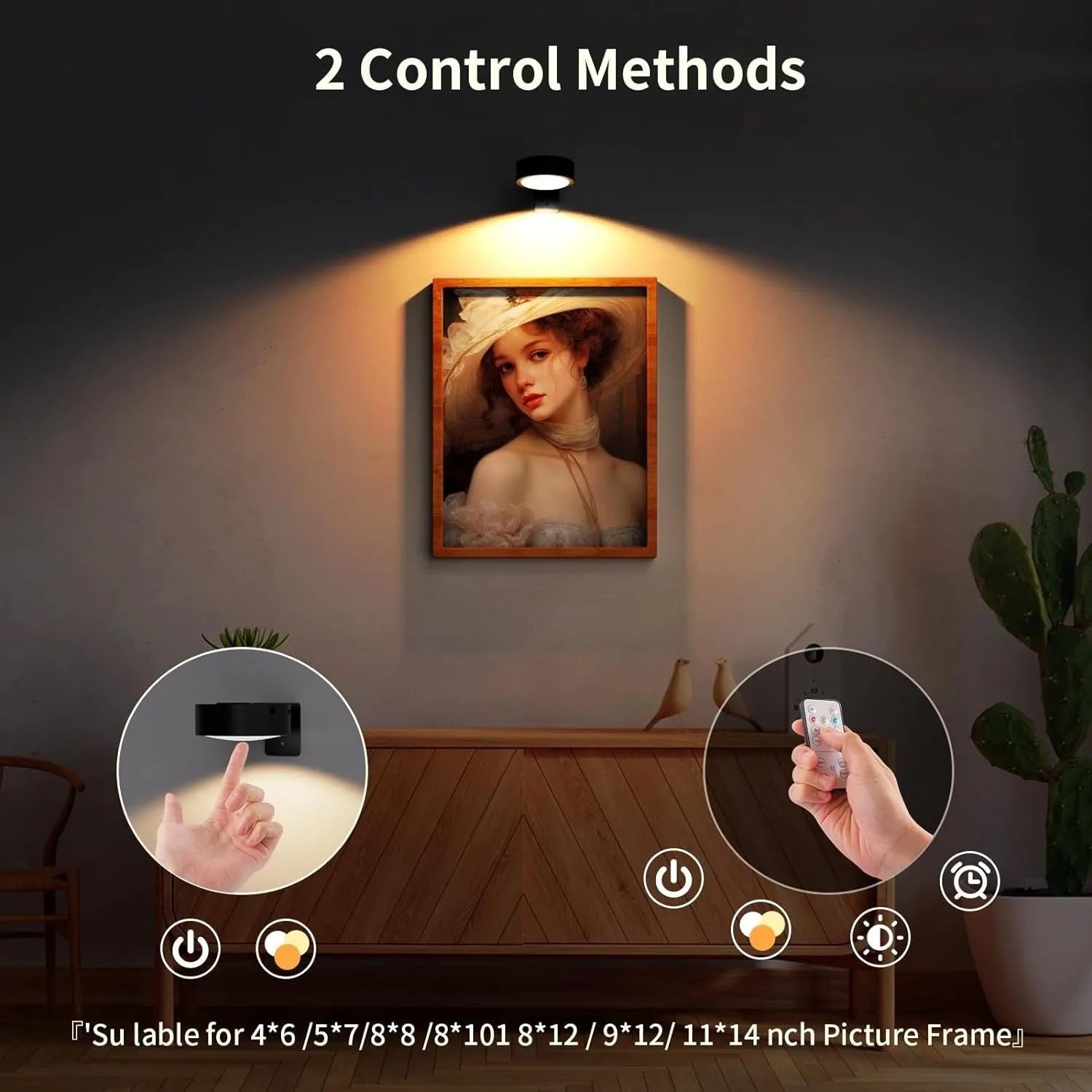 Black magnetic LED painting lamp with remote control on wooden surface
