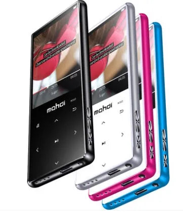 Silver portable MP3 player with a 2.4-inch touch screen showing music playlist, placed next to wireless headphones.