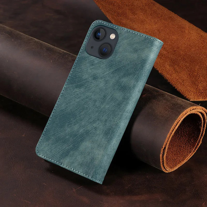 Magnetic flip phone case in leather for iPhone, shown open with cards in slots and closed with magnetic seal.