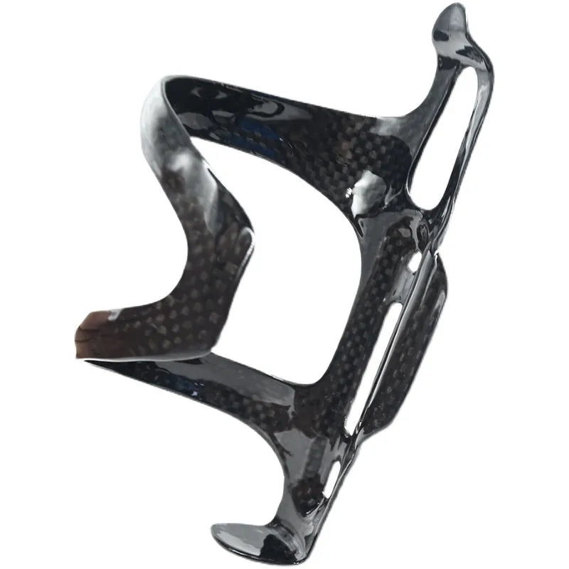 Black carbon fibre side-pull bicycle water bottle cage showing mounting holes and bottle grip.