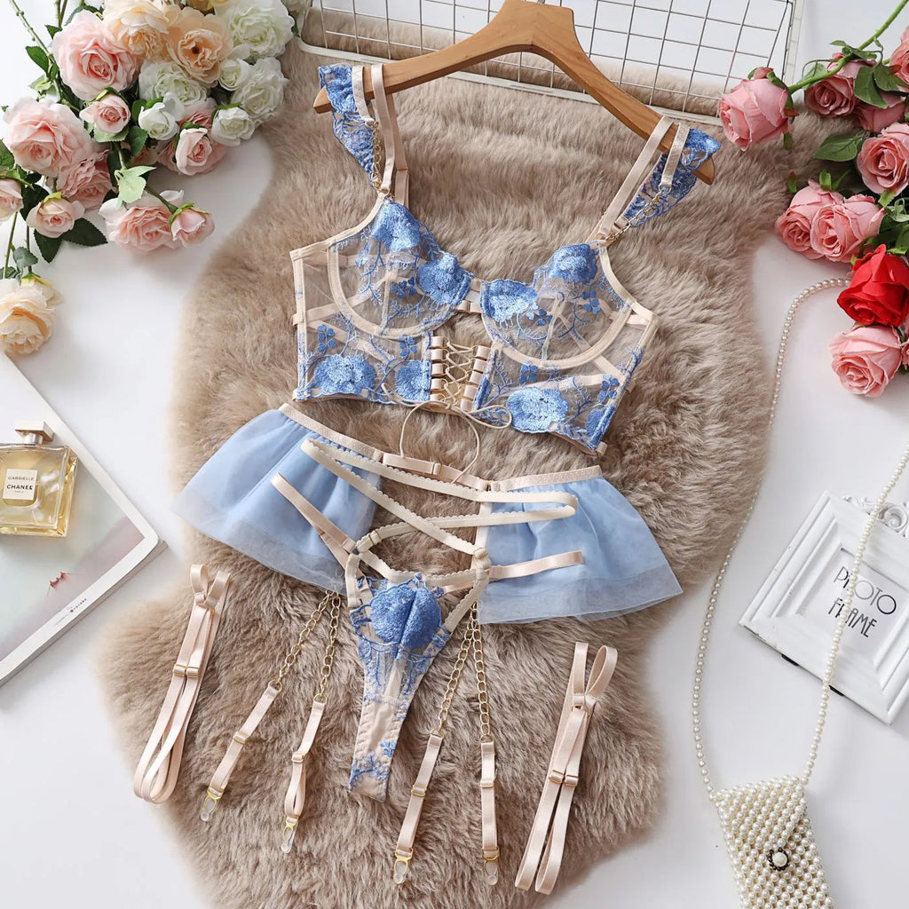 Light blue lace push-up bra and underwear set with transparent embroidery and mesh panels
