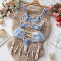 Light blue lace push-up bra and underwear set with transparent embroidery and mesh panels