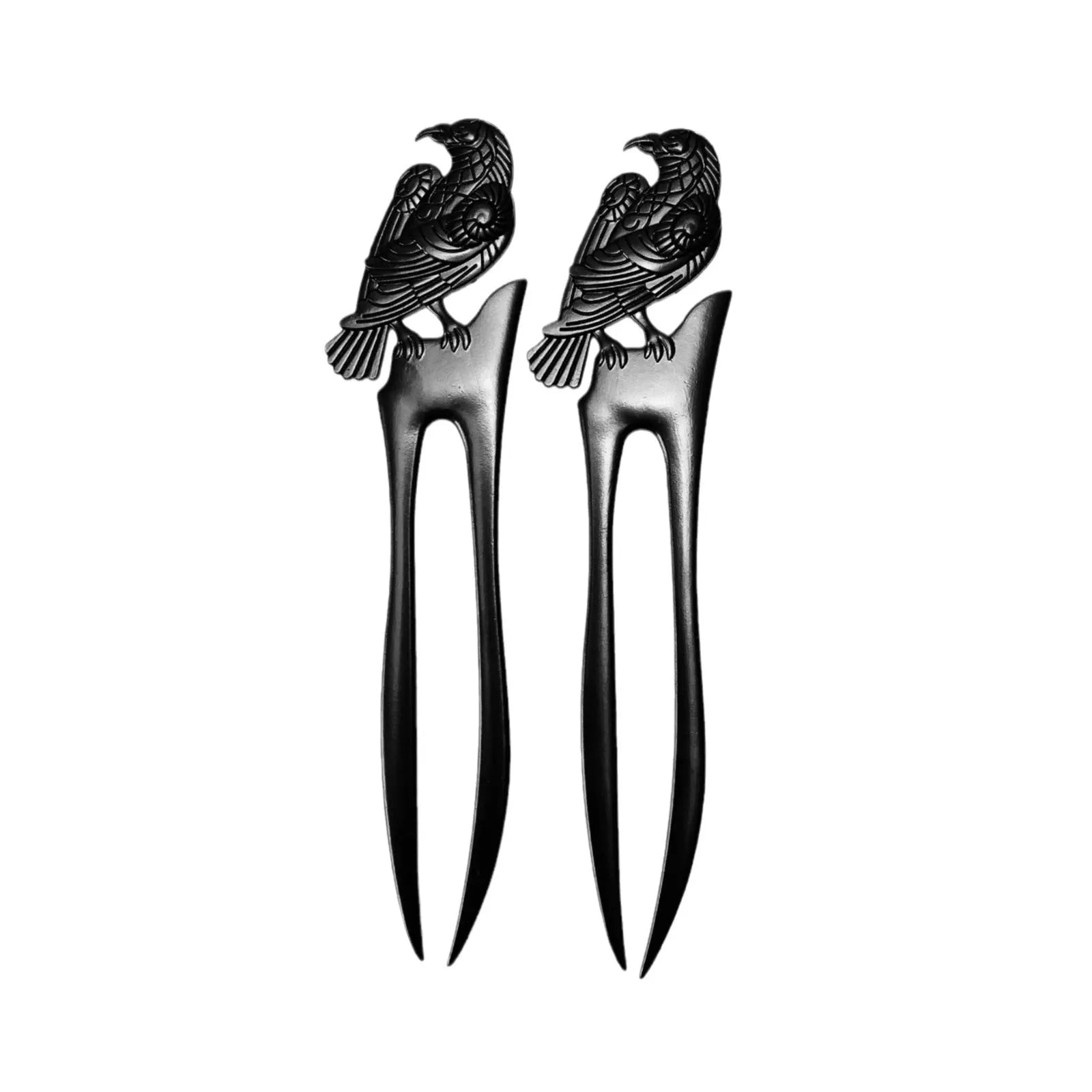 Retro black metal hairpin with double-sided three-dimensional crow carving, 16cm length