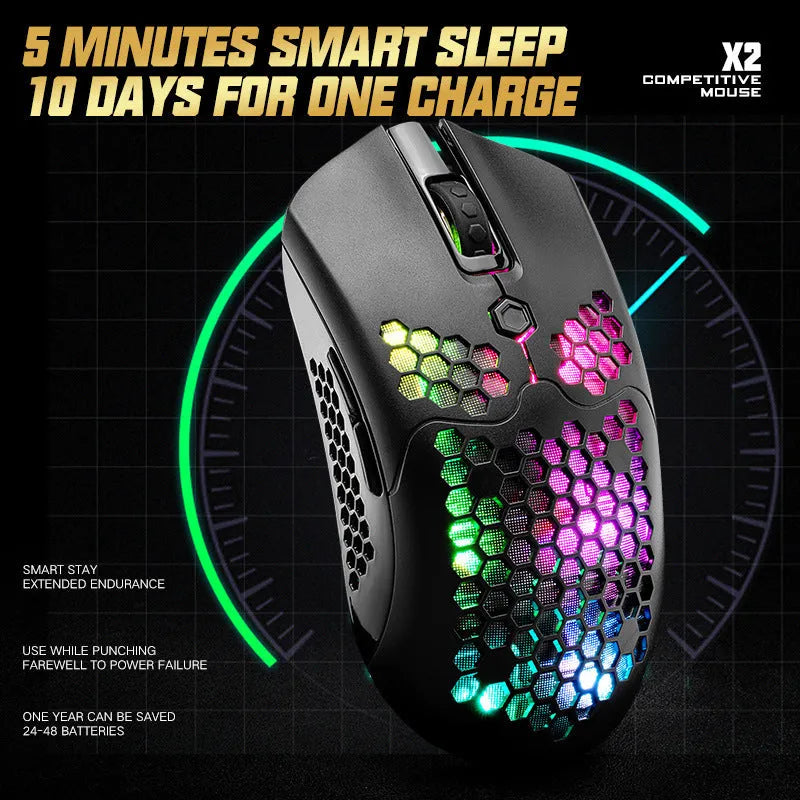 Free Wolf X2 wireless gaming mouse in black on a mouse mat, showing RGB lighting and side thumb buttons.