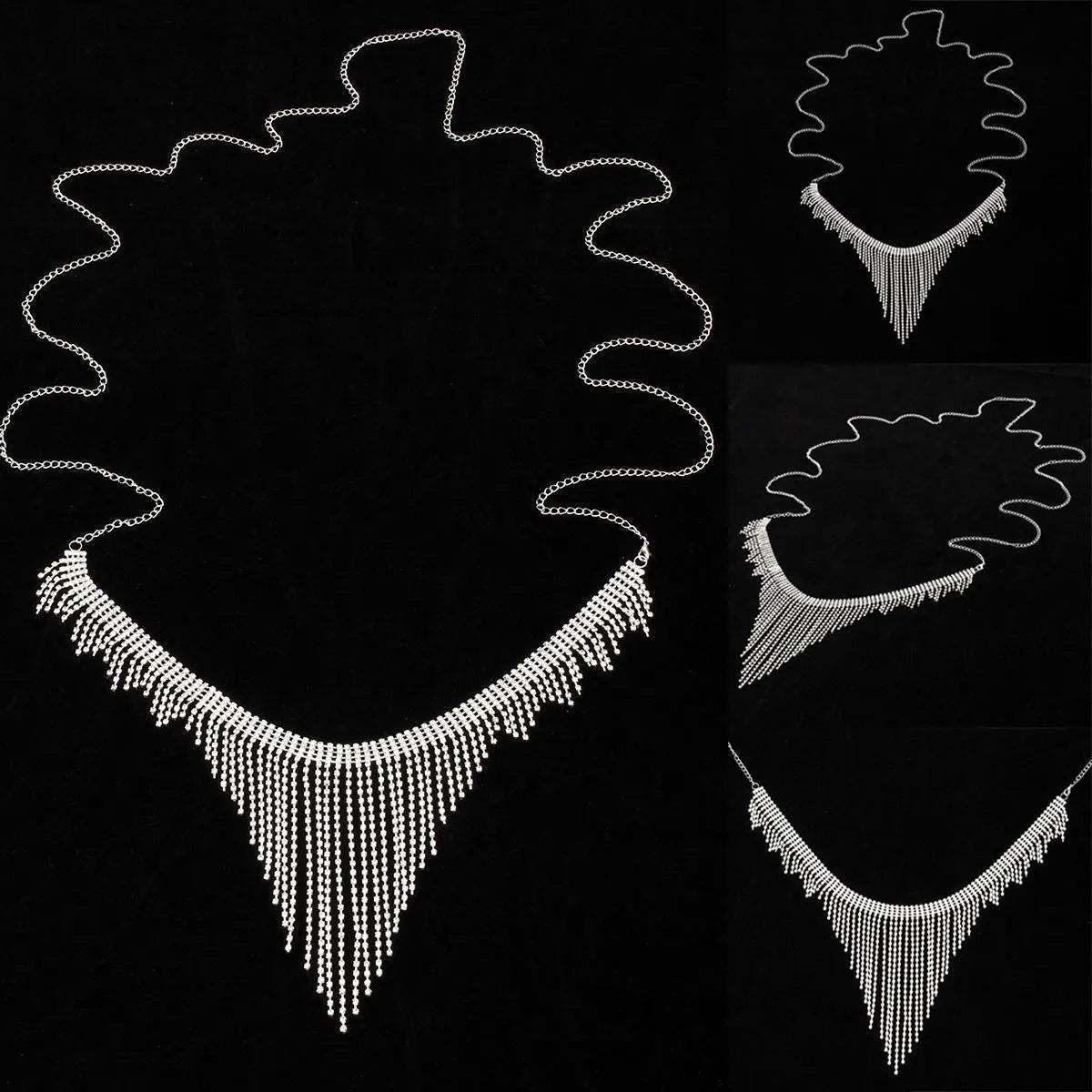Silvery rhinestone body chain laid flat on a white surface showing metal links and clear stones