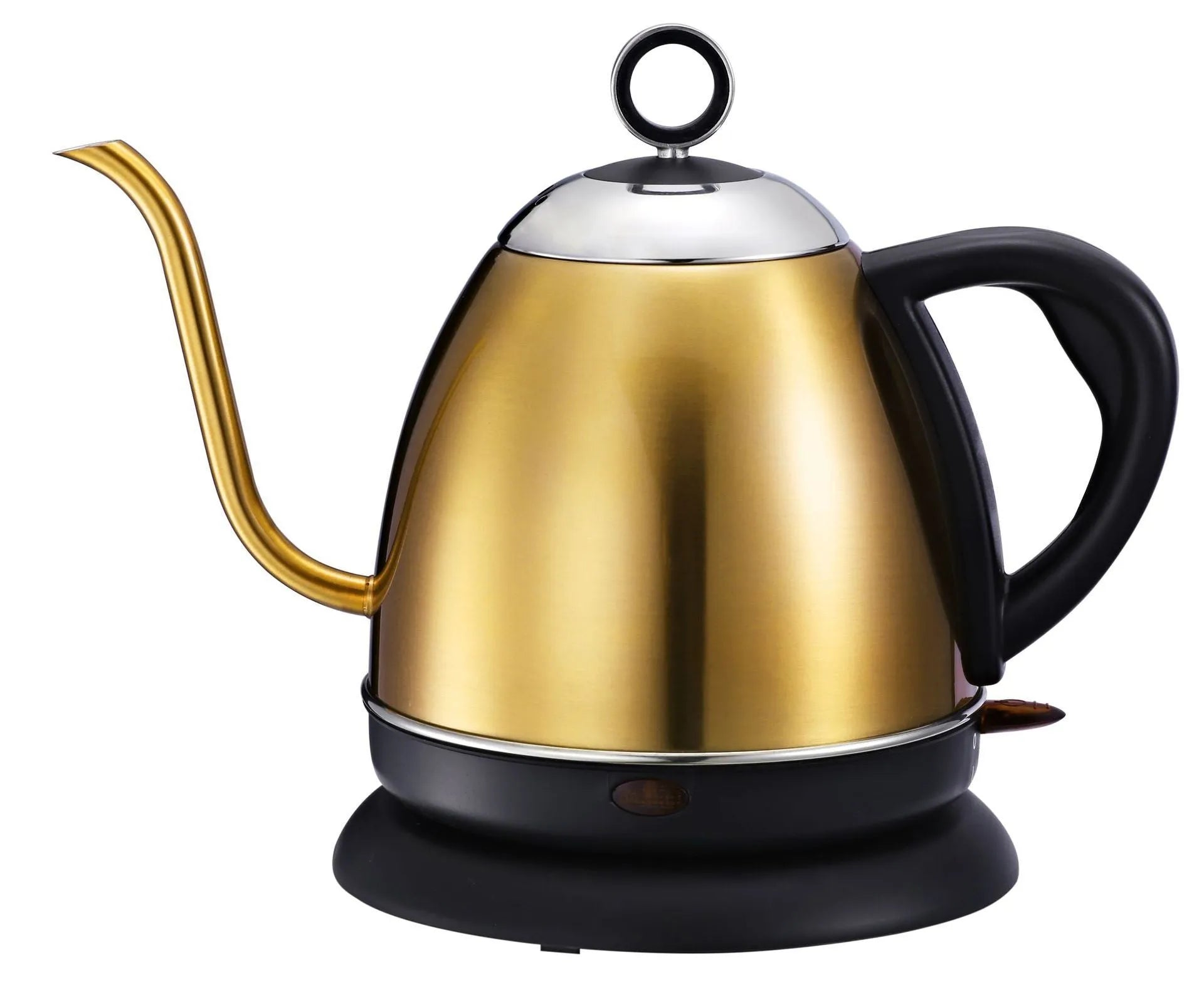 White, yellow, and gold stainless steel electric kettle with touch controls and 1-litre capacity.