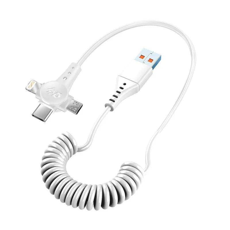 Black telescopic three-in-one charging cable with USB-C, Micro USB and Lightning connectors extended to full length