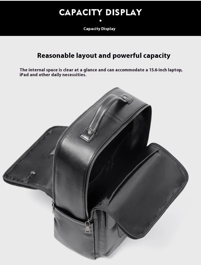 Men's black leather computer backpack with woven design and large capacity