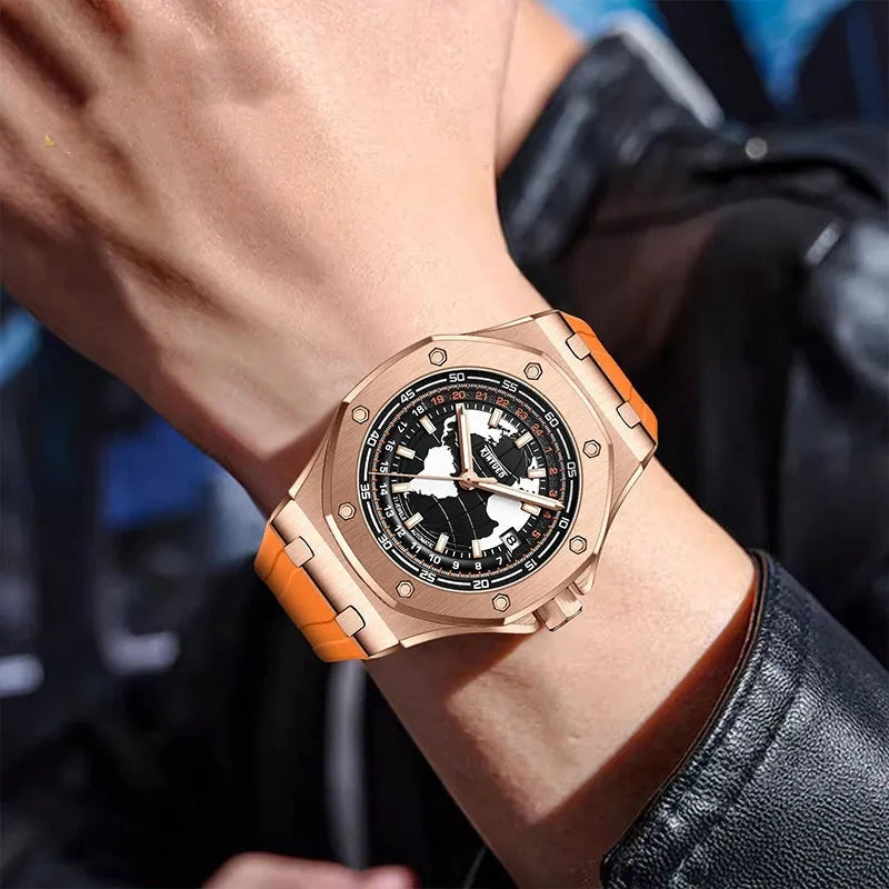 Automatic men's hollow mechanical watch with stainless steel strap and round alloy case on a white background