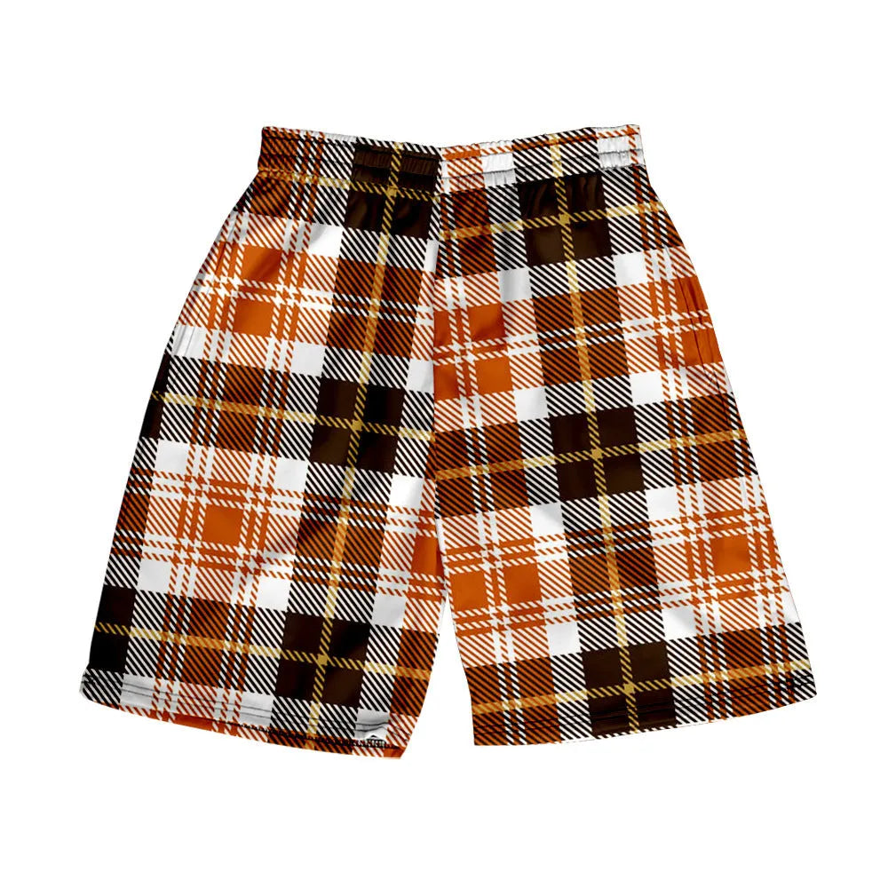 Men's straight-leg plaid shorts in polyester fabric with elastic waistband available in multiple solid colours