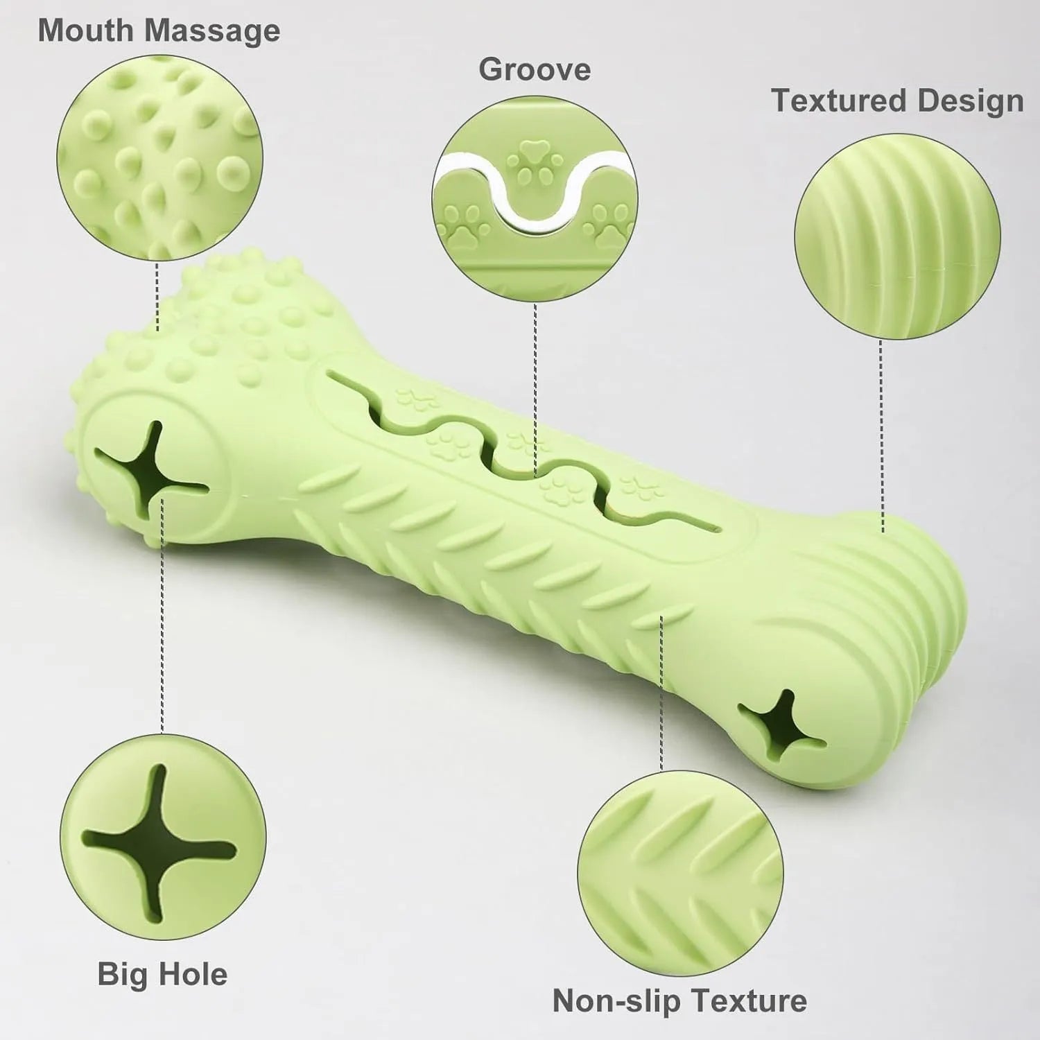 Blue bone-shaped natural rubber dog chew toy with textured surface on a white background.