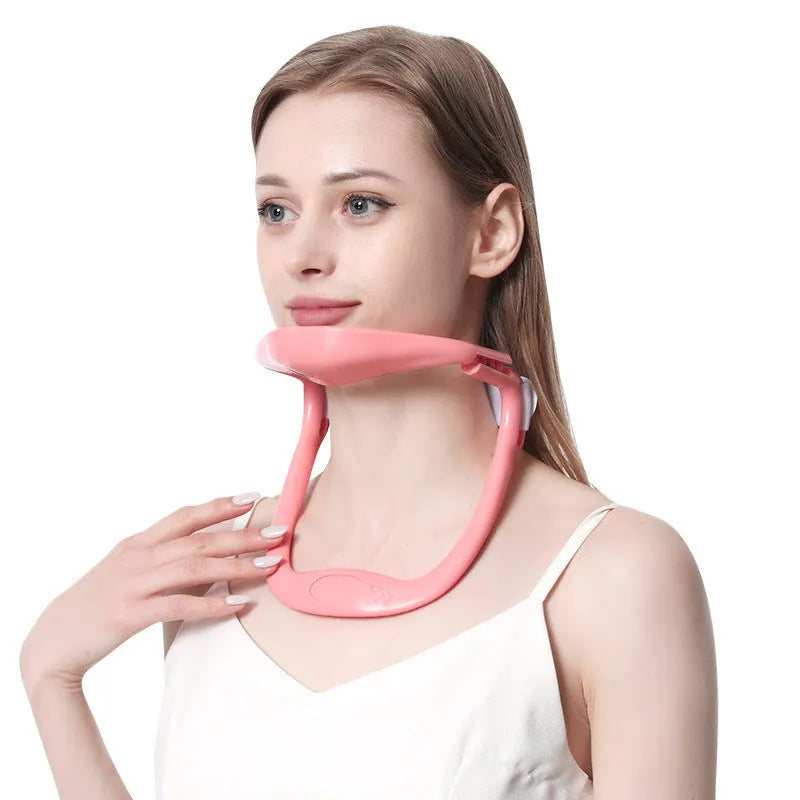 White adjustable neck support brace for cervical spine and shoulder posture correction.