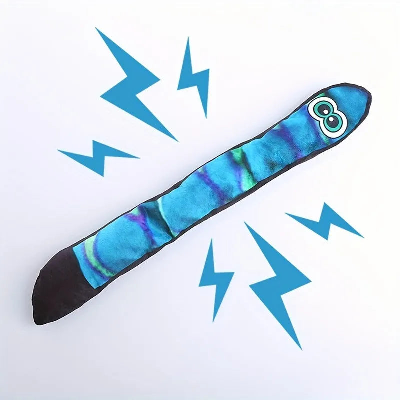 Multicolor stripe print snake plush squeaky toy for dogs on a white background.
