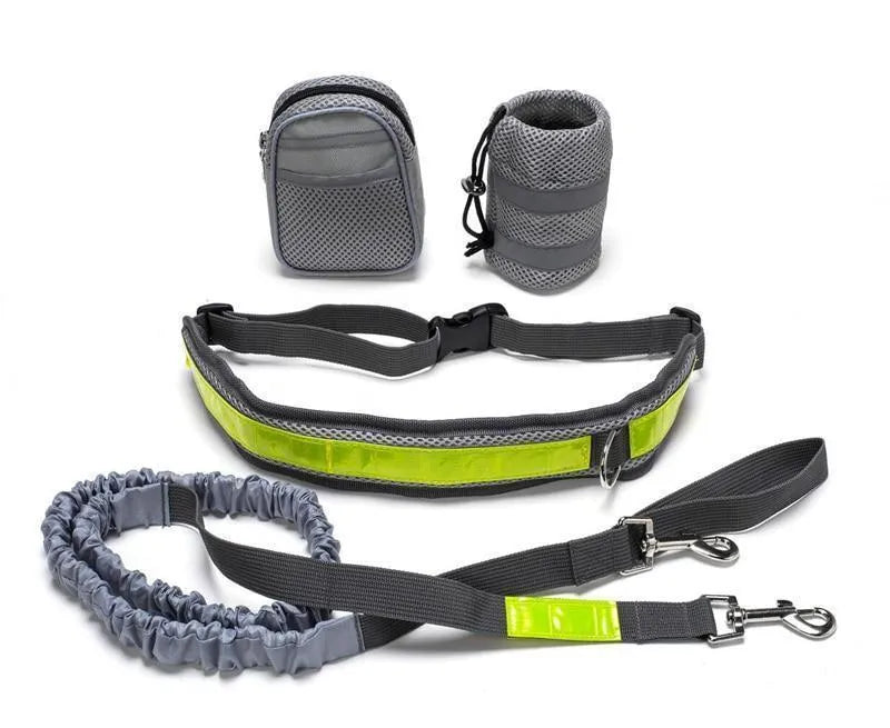 Adjustable hands-free dog leash set with 144cm nylon rope, 78-110cm waist belt, waist bag, and sundries bag