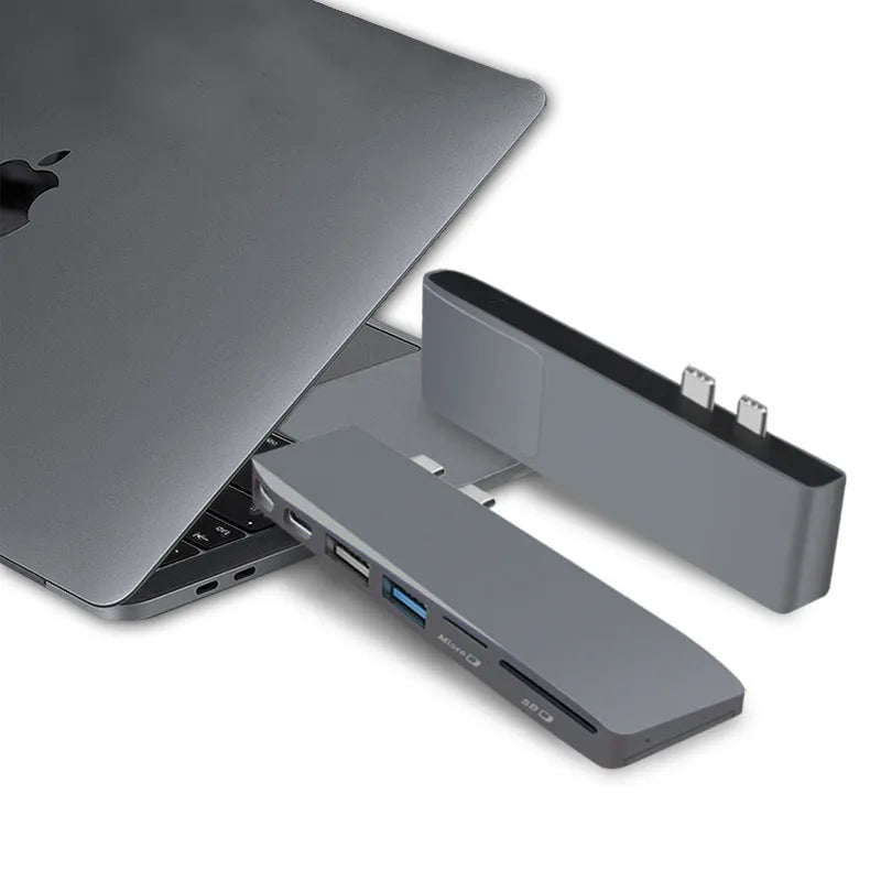 8-in-1 card reader hub for MacBook Pro with dual USB-C plugs and multiple expansion ports