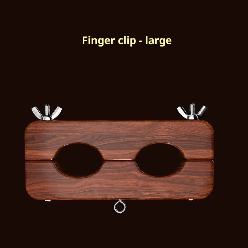 9i pear wood and alloy handcuffs in finger clip style, large size, on neutral background