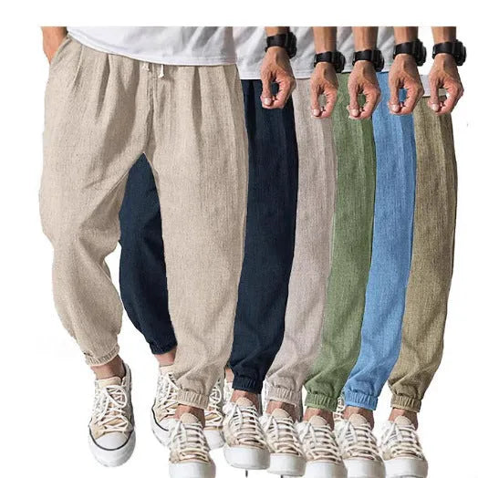 Men's casual cotton ankle banded summer pants in loose fit showing colour options
