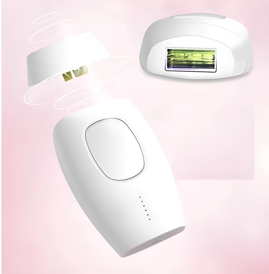 Black laser hair removal device with UK plug and control buttons, suitable for home use on face and body
