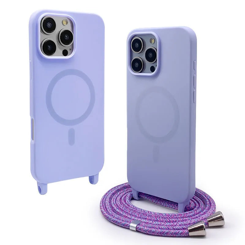 Black magnetic lanyard phone case for iPhone with frosted TPU finish and crossbody strap holder