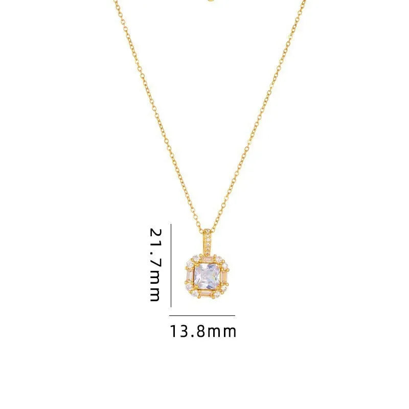 Gold geometric quadrilateral pendant with mixed gem inlays on titanium steel water wave chain necklace
