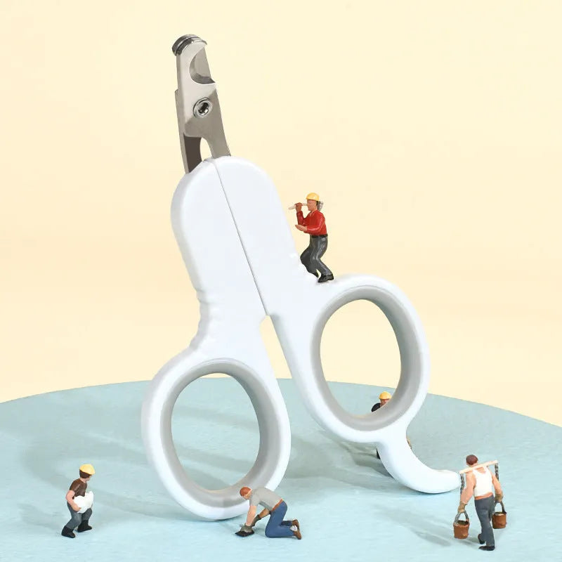 Professional grey and pink pet nail clippers with curved safety tips and a non-slip rubber handle.