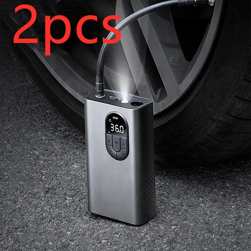 Baseus Energy Pump CRCQB02 cordless tyre inflator with all-metal body and LED light on dark background