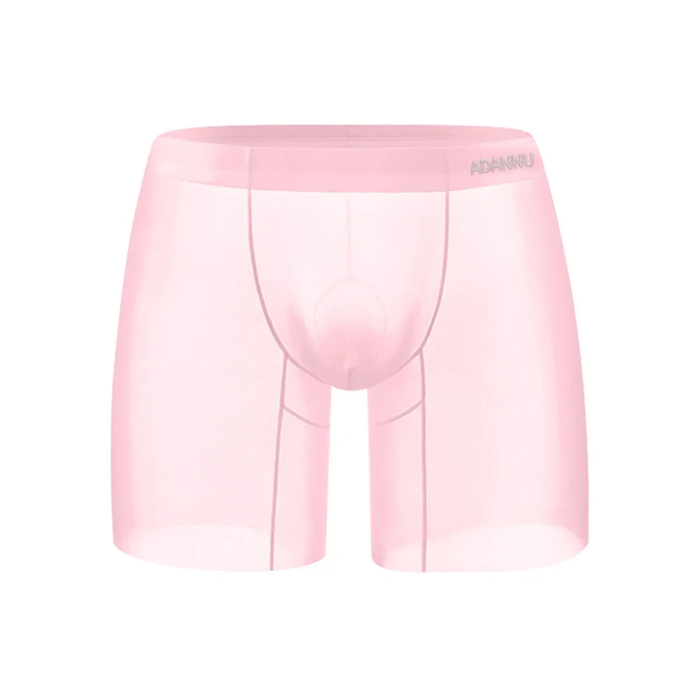 Seamless nylon men's sports shorts in orange, pink, or red with low waist and hip-lifting design.