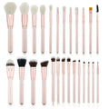 26 pink-handled makeup brushes with wool bristles in a PU travel case