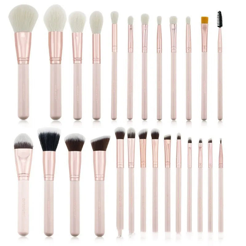 26 pink-handled makeup brushes with wool bristles in a PU travel case