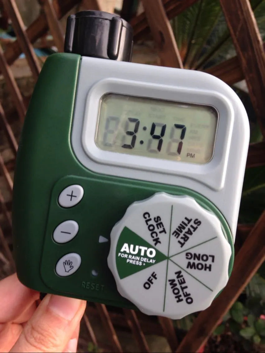 Green automatic LCD garden irrigation controller with dial, hose sprinkler water timer, 1 to 300 minute setting