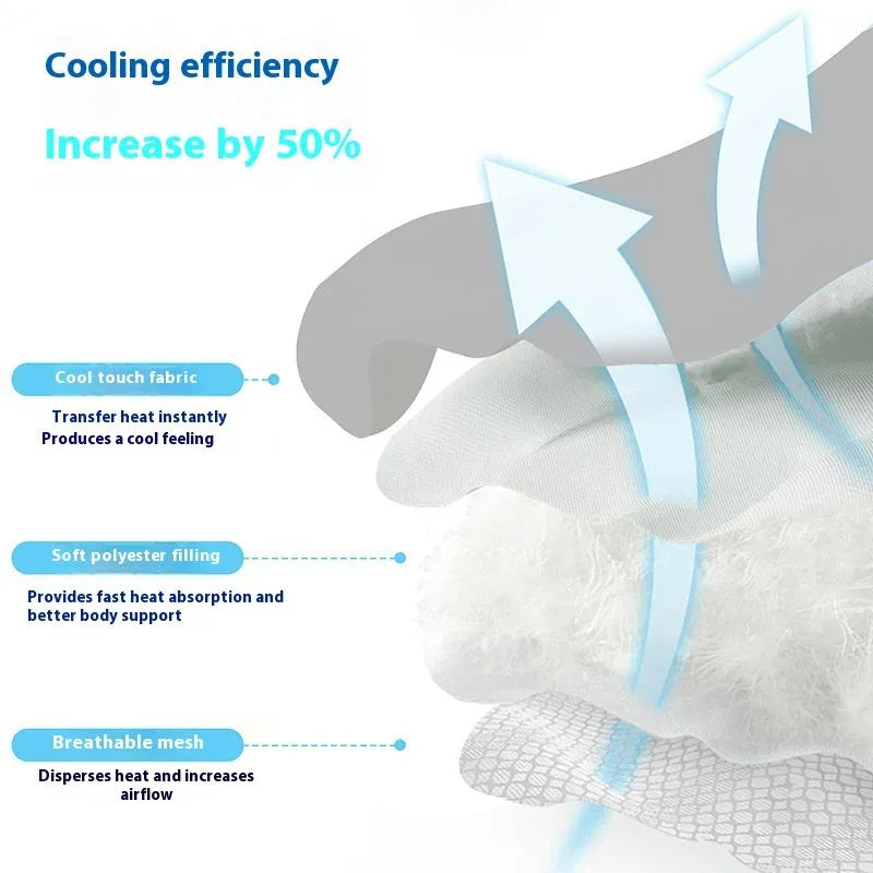 Ice silk cooling mat for dogs in a dog head pattern, showing non-slip base and scratch-resistant surface.