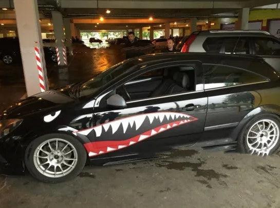 Large Shark Series PVC body sticker applied to a car door, showing dimensions and strong adhesion.