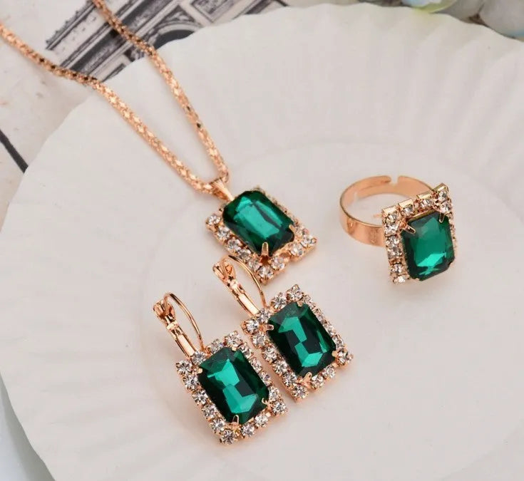 Women's alloy crystal square three-piece jewellery set with necklace, earrings, and ring