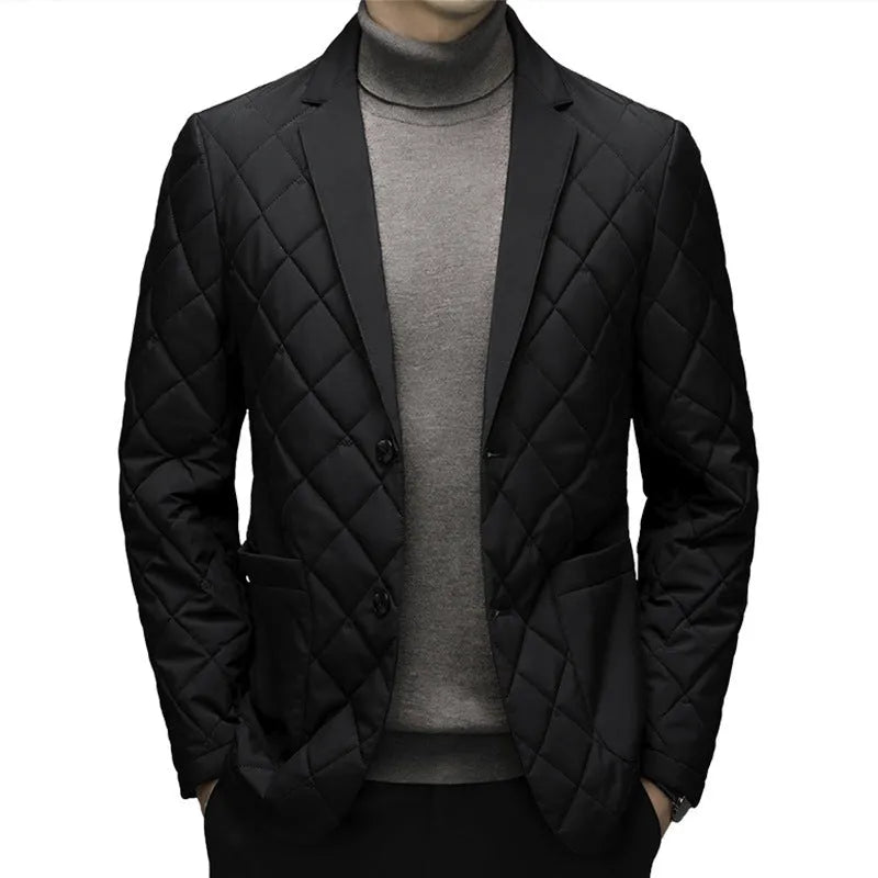 Men's black lapel-style thickened down jacket with side seam pockets on a mannequin.