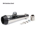 M4 universal motorcycle exhaust pipe in stainless steel with various finish options including black, titanium, and half blue.