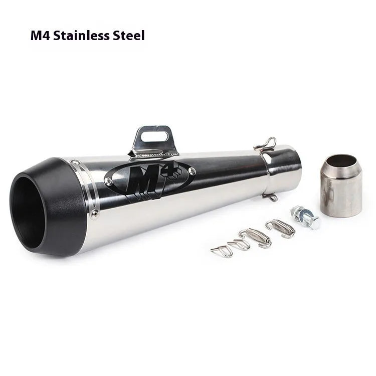 M4 universal motorcycle exhaust pipe in stainless steel with various finish options including black, titanium, and half blue.