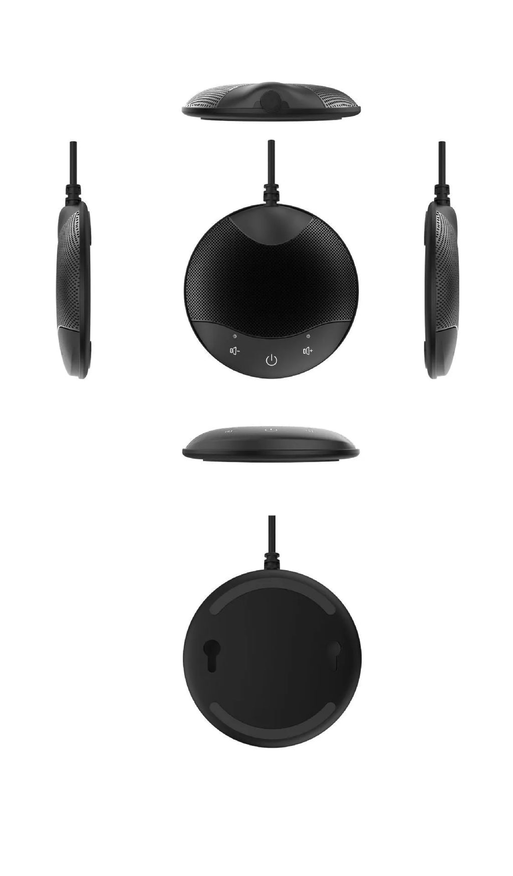 Black USB condenser microphone for conferences and gaming on a desk.