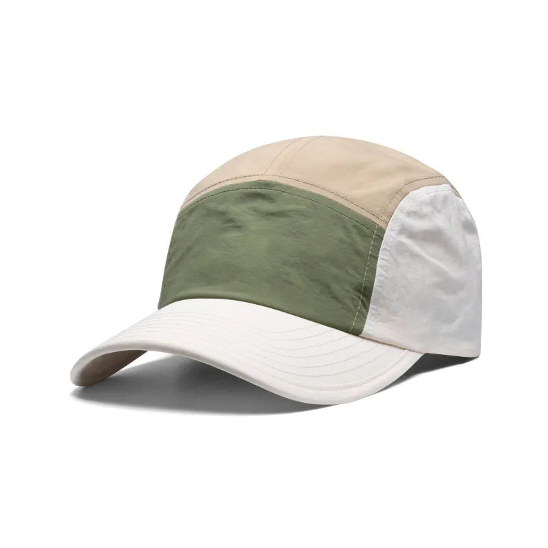 Men's khaki coloured cotton-polyester baseball cap with a curved brim on a wooden surface.