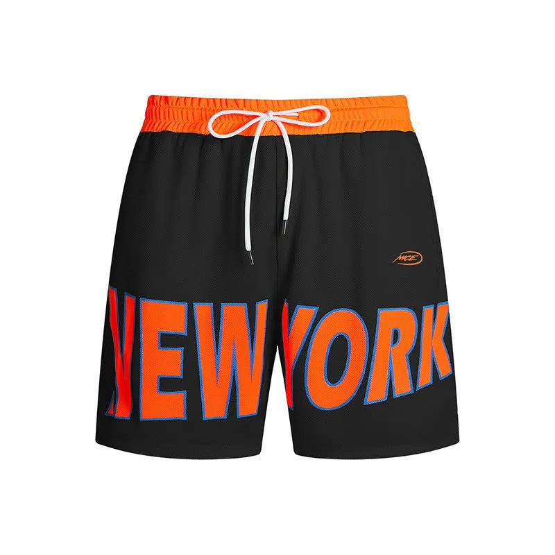 Men's black casual shorts with printed letter designs and straight leg Korean style cut