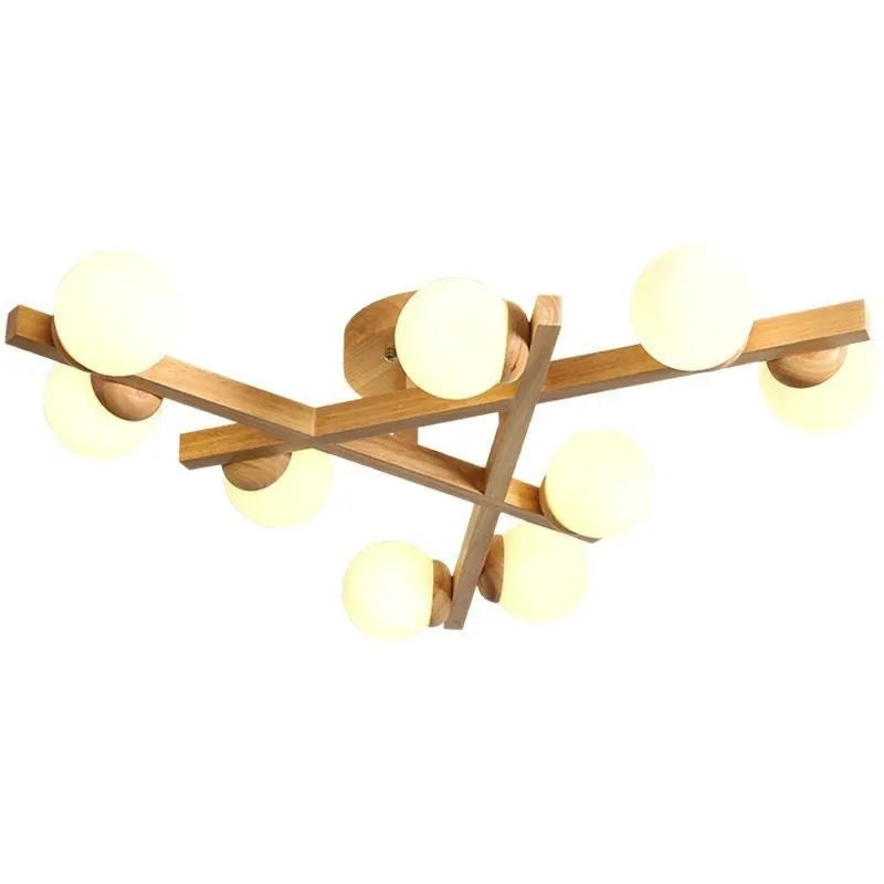 Scandinavian wooden-style ceiling light with three adjustable black lamp heads on angled arms