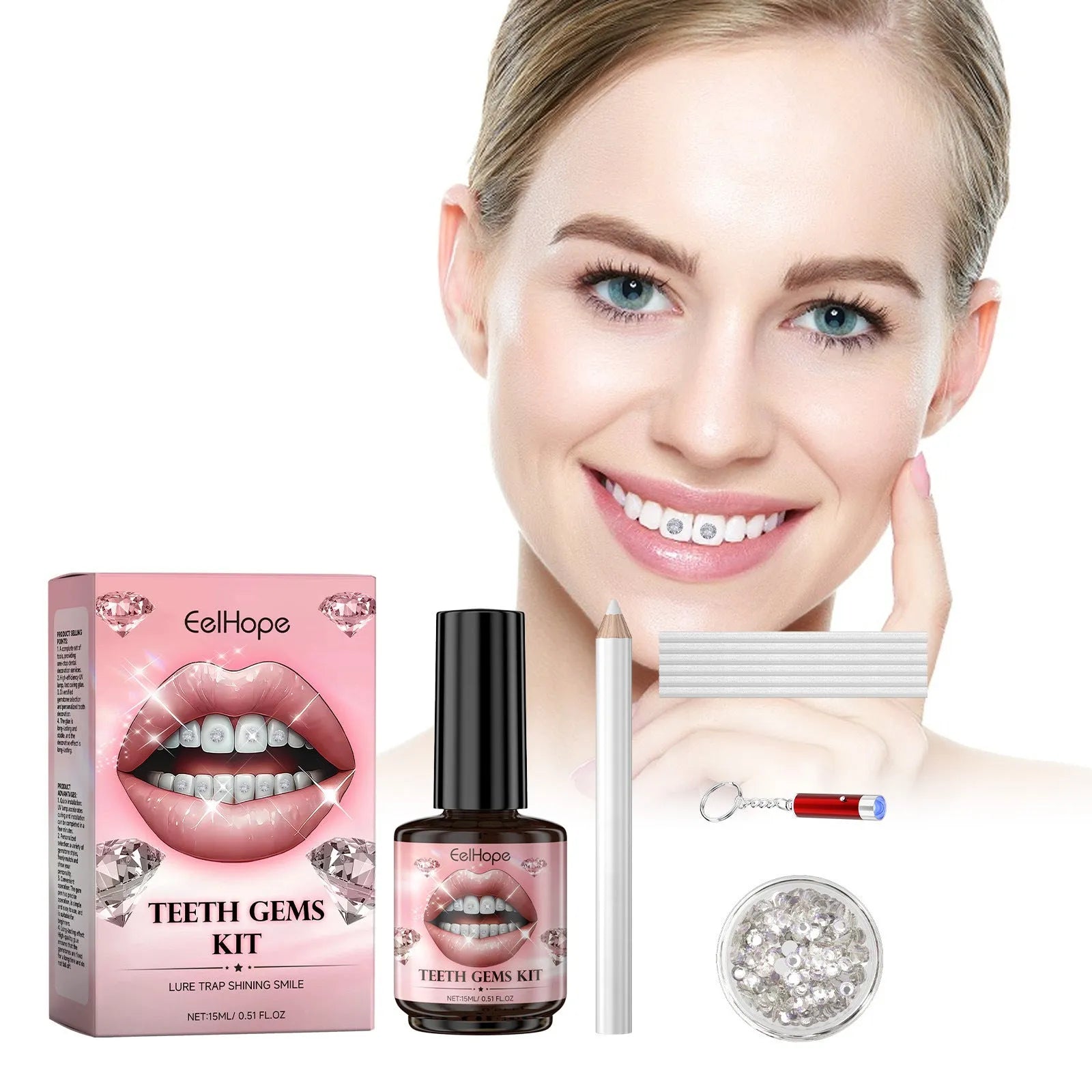 Tooth decoration kit with UV lamp, glue bottle, gem pen, cotton strips, and 100 rhinestone gems on white background