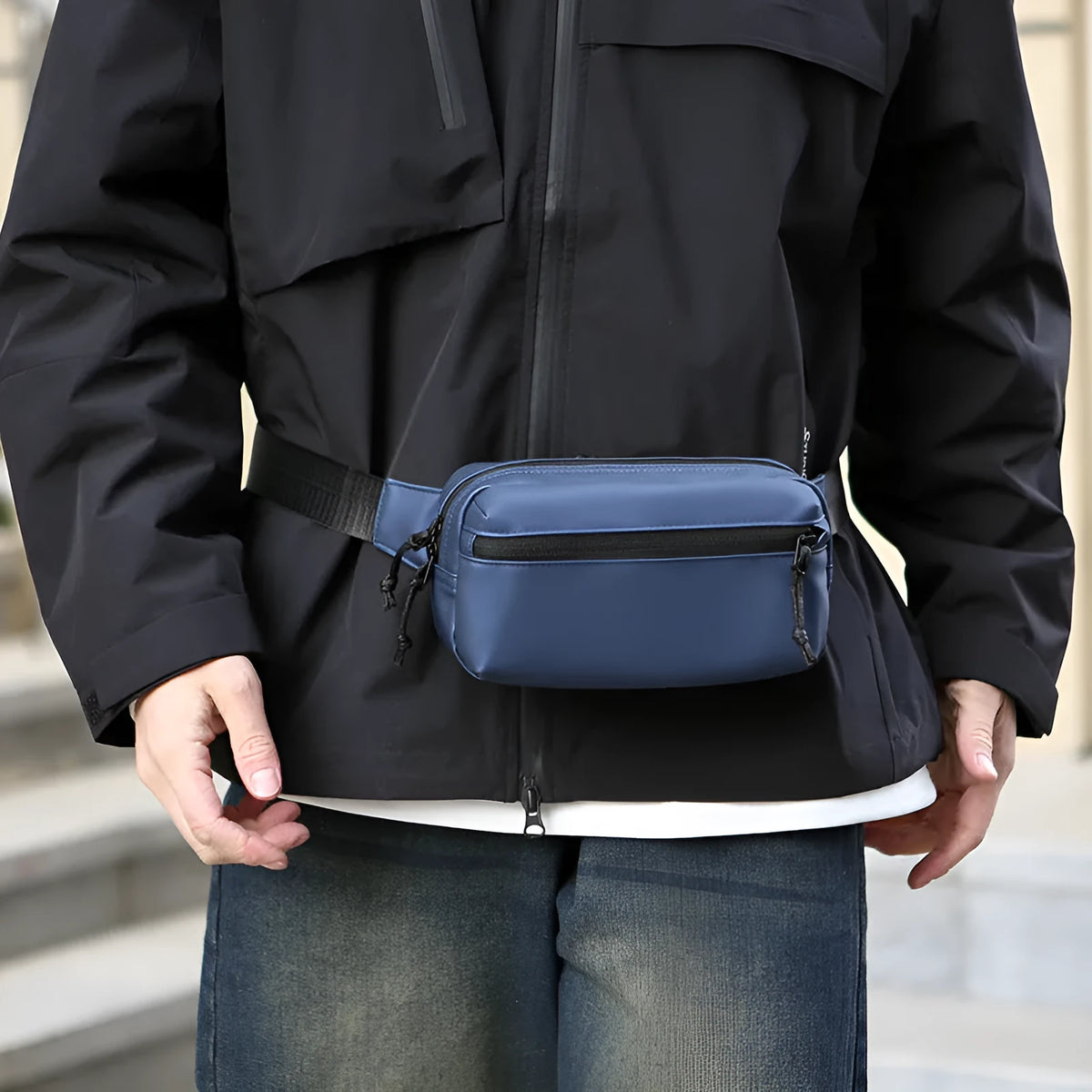 Men's waterproof Oxford cloth crossbody bag available in black, grey, blue, and khaki.