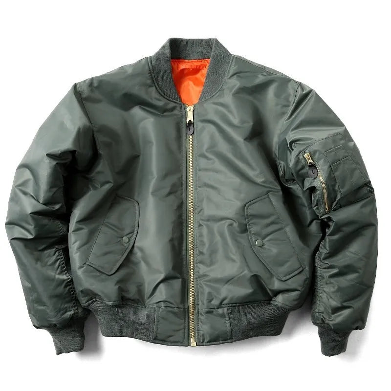 Men's army green cotton-padded pilot jacket with double-sided nylon construction on a hanger.