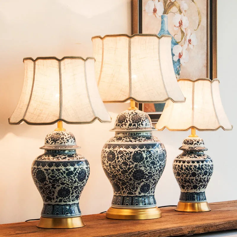 Blue and white Chinese porcelain table lamp with handmade ceramic base and fabric shade