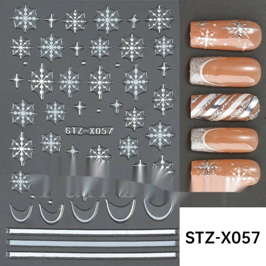 Cartoon-themed nail art sticker sheet with black and silver strip patterns and love motifs