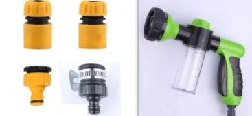 Green high-pressure foam spray gun with adjustable nozzle and attached water hose for car and garden cleaning.