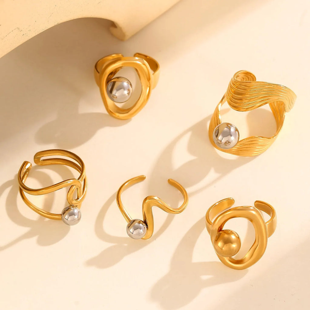 Stainless steel open ring with 18K real gold finish, geometric hollow line and ellipse shape for women