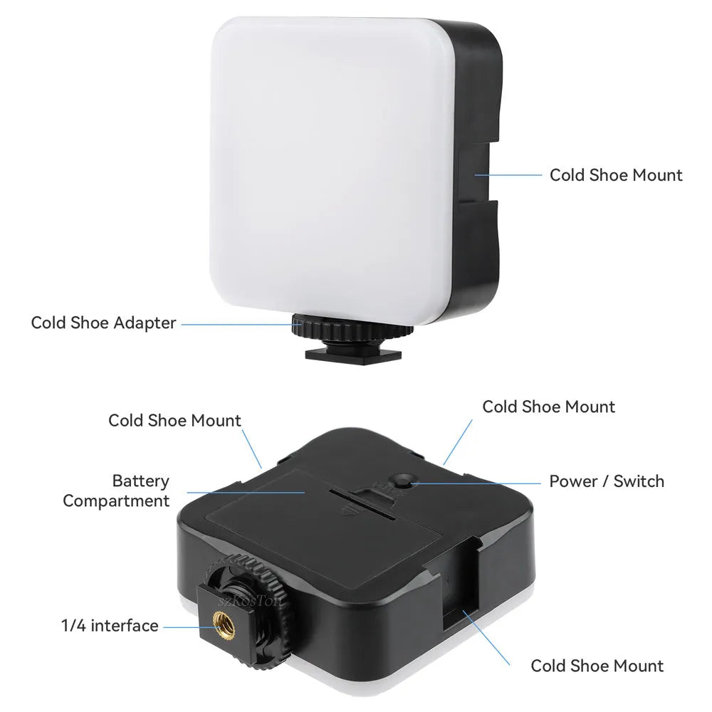 Compact black LED mini square camera flash with rotatable head on a small tripod stand