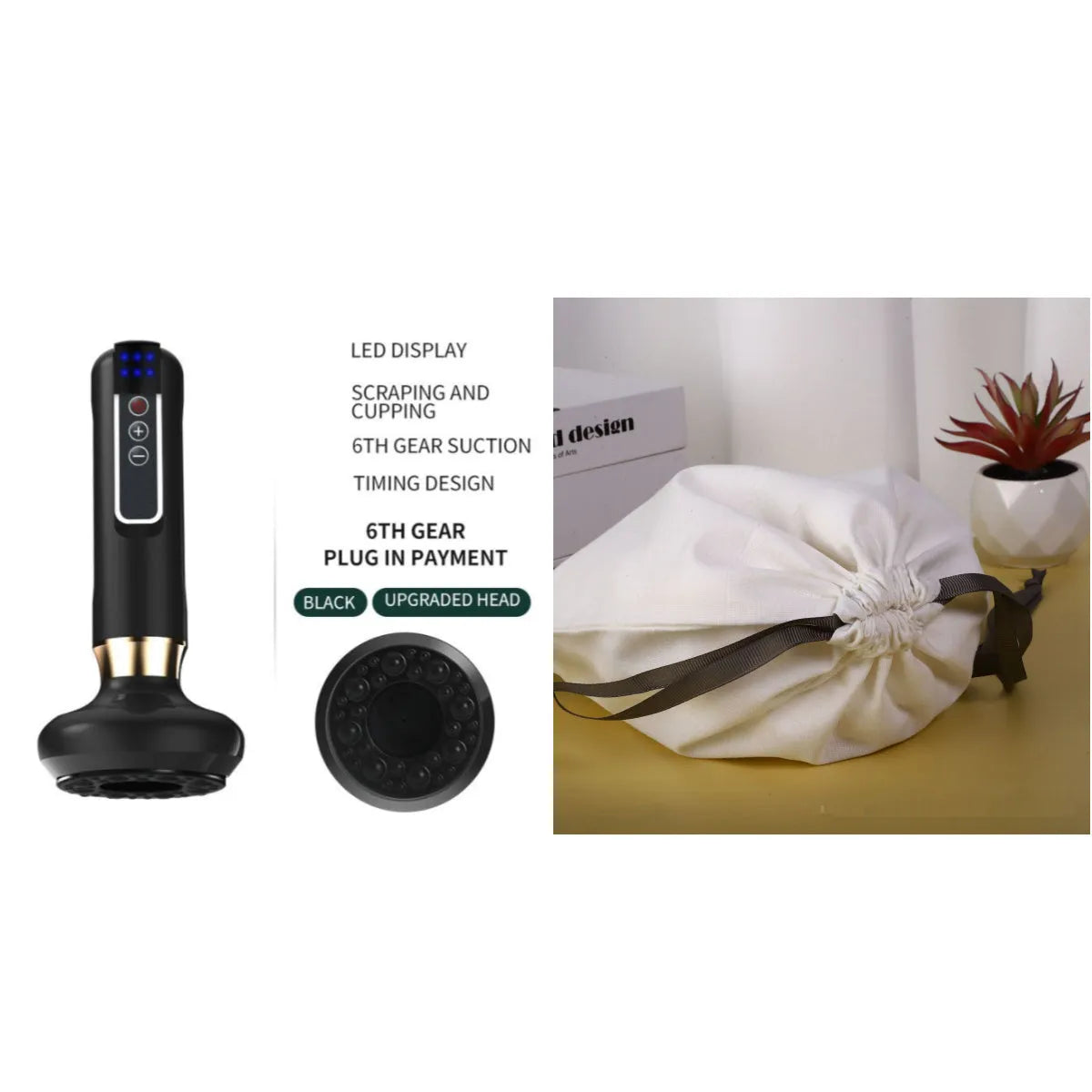 Green electric vacuum cupping massager device with USB cable on a white background